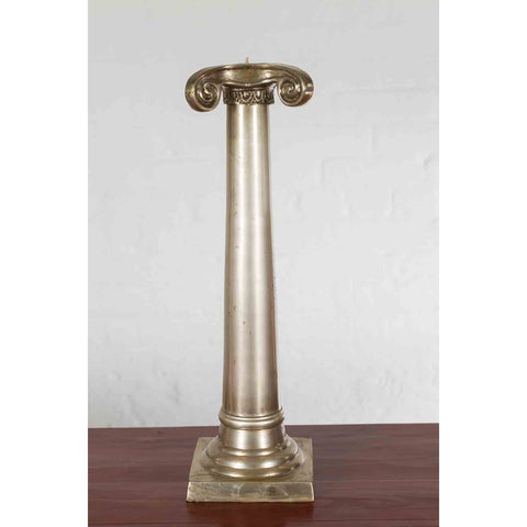 Pair of Brushed Silver over Bronze Column Candlesticks with Large Ionic Capitals-YN7209-8. Asian & Chinese Furniture, Art, Antiques, Vintage Home Décor for sale at FEA Home