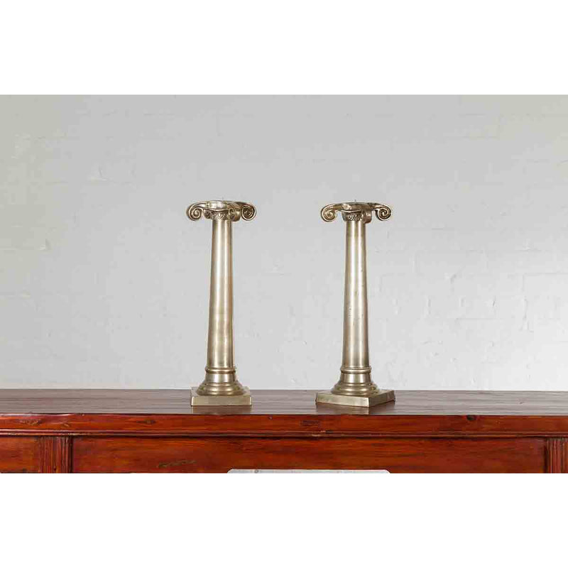 Pair of Brushed Silver over Bronze Column Candlesticks with Large Ionic Capitals-YN7209-9. Asian & Chinese Furniture, Art, Antiques, Vintage Home Décor for sale at FEA Home