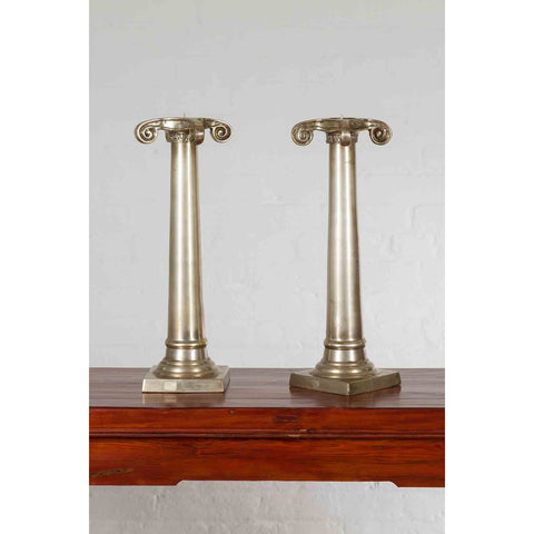 Pair of Brushed Silver over Bronze Column Candlesticks with Large Ionic Capitals