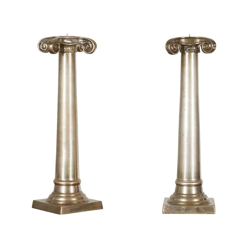 Pair of Brushed Silver over Bronze Column Candlesticks with Large Ionic Capitals-YN7209-1. Asian & Chinese Furniture, Art, Antiques, Vintage Home Décor for sale at FEA Home