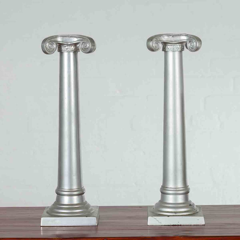 Pair of Silver over Bronze Column Candlesticks with Large Ionic Capitals-YN7210-2. Asian & Chinese Furniture, Art, Antiques, Vintage Home Décor for sale at FEA Home