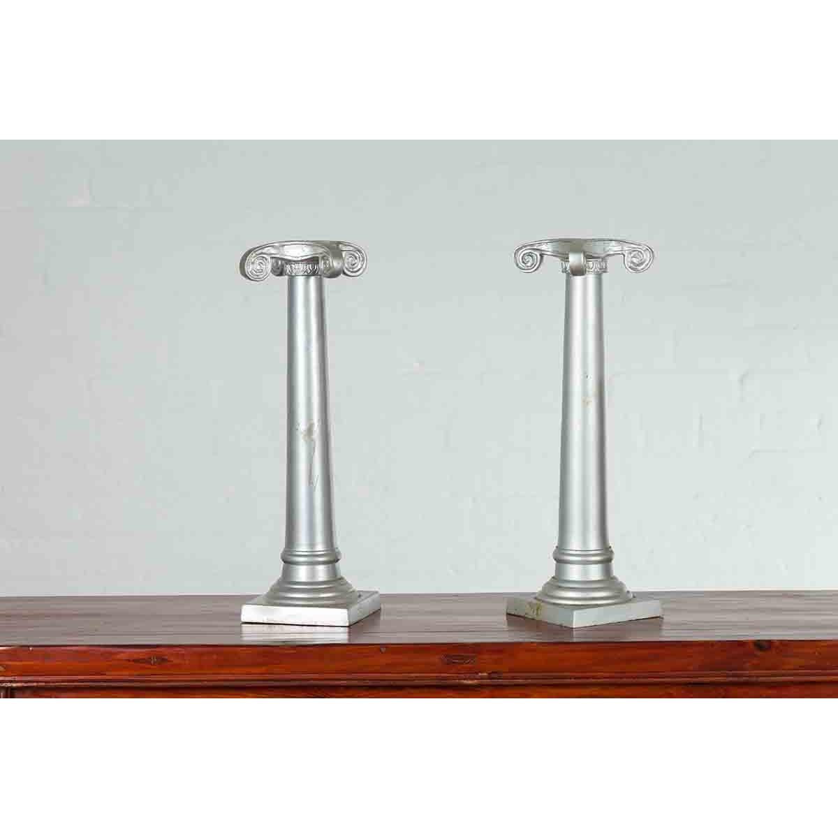 Pair of Silver over Bronze Column Candlesticks with Large Ionic Capitals-10. Asian &amp; Chinese Furniture, Art, Antiques, Vintage Home Décor for sale at FEA Home