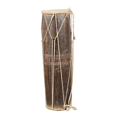 19th Century Thai Ceremonial Drum with Ropes and Leather Drumhead