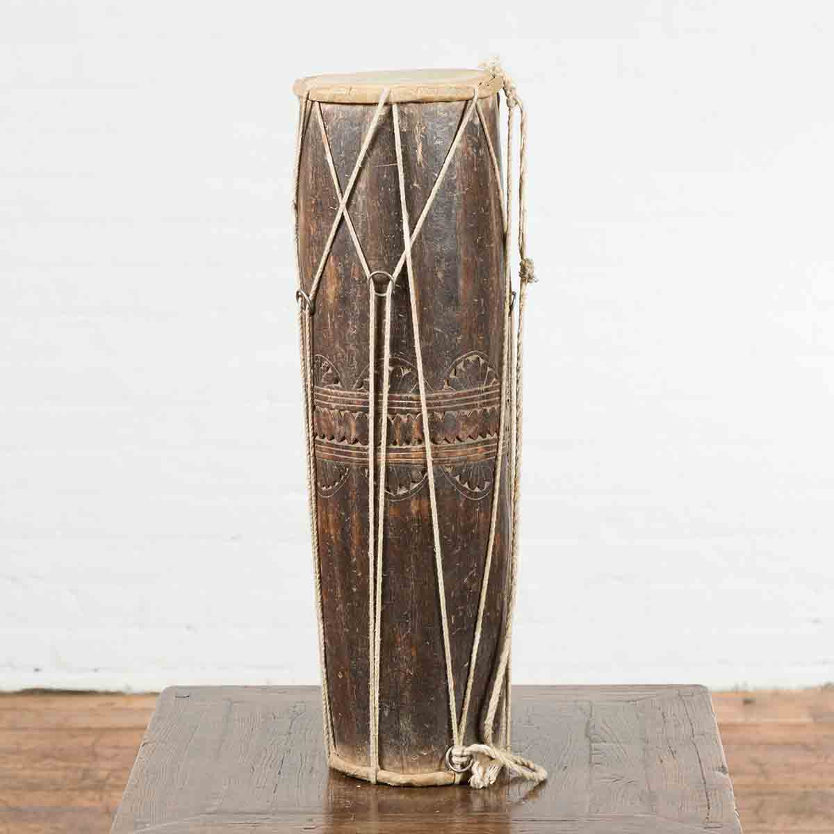 19th Century Thai Ceremonial Drum with Ropes and Leather Drumhead-2. Asian & Chinese Furniture, Art, Antiques, Vintage Home Décor for sale at FEA Home