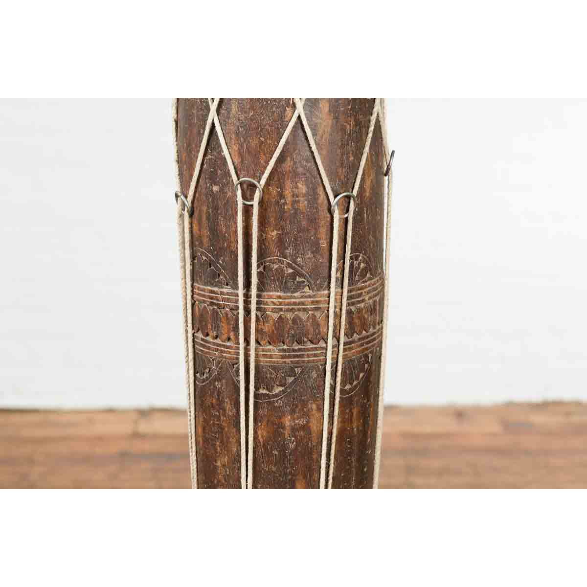 19th Century Thai Ceremonial Drum with Ropes and Leather Drumhead-9. Asian &amp; Chinese Furniture, Art, Antiques, Vintage Home Décor for sale at FEA Home