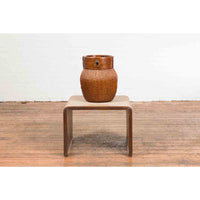 Burmese Vintage Waterfall Side Table with Rattan Woven Top and Horse Hoof Feet