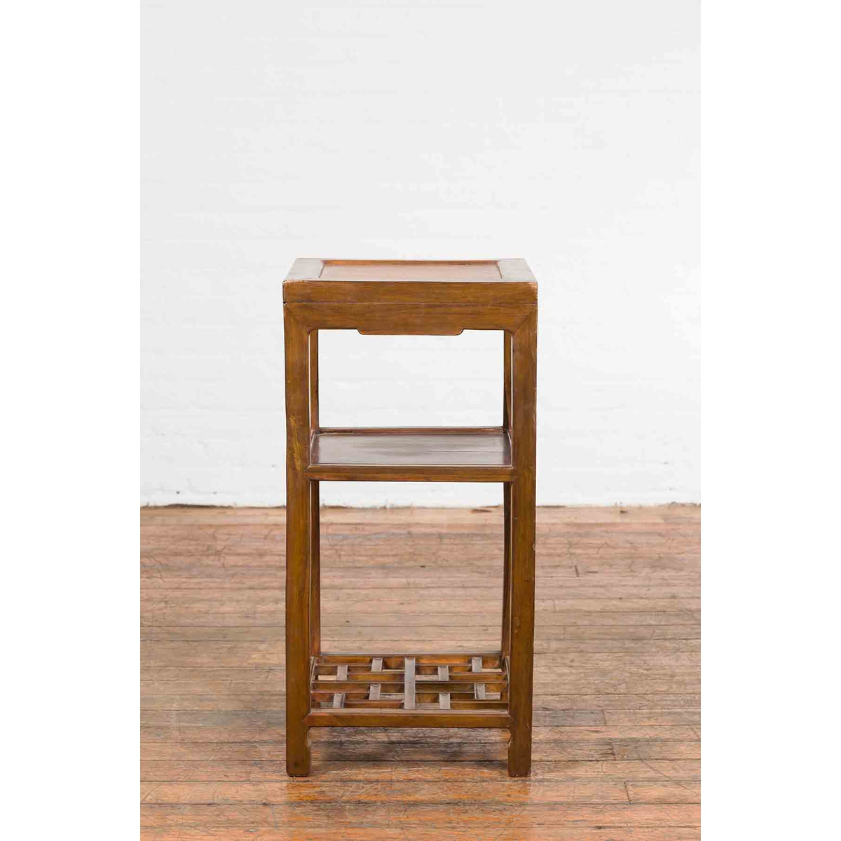 Vintage Honey Brown Side Table with Geometric Base Shelf-12. Asian &amp; Chinese Furniture, Art, Antiques, Vintage Home Décor for sale at FEA Home