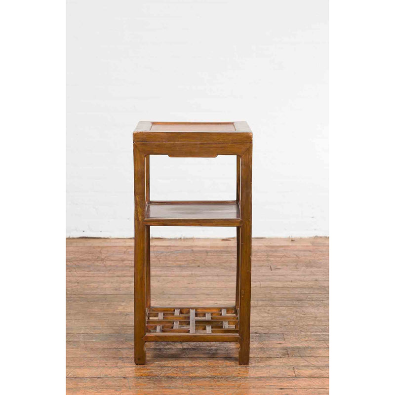 Vintage Honey Brown Side Table with Geometric Base Shelf-12. Asian & Chinese Furniture, Art, Antiques, Vintage Home Décor for sale at FEA Home