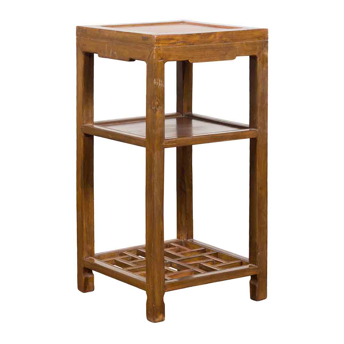 Vintage Honey Brown Side Table with Geometric Base Shelf-1. Asian & Chinese Furniture, Art, Antiques, Vintage Home Décor for sale at FEA Home