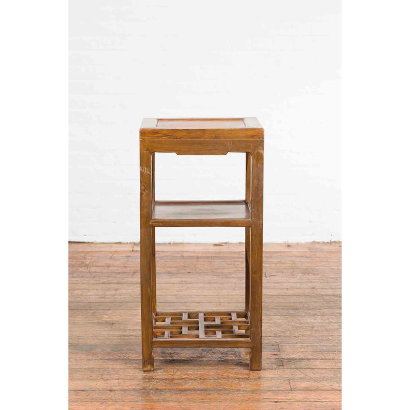 Vintage Honey Brown Side Table with Geometric Base Shelf-3. Asian & Chinese Furniture, Art, Antiques, Vintage Home Décor for sale at FEA Home