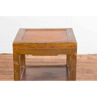 Vintage Honey Brown Side Table with Geometric Base Shelf
