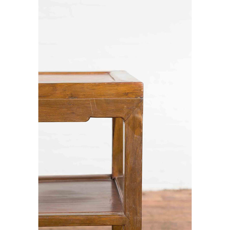 Vintage Honey Brown Side Table with Geometric Base Shelf-10. Asian & Chinese Furniture, Art, Antiques, Vintage Home Décor for sale at FEA Home