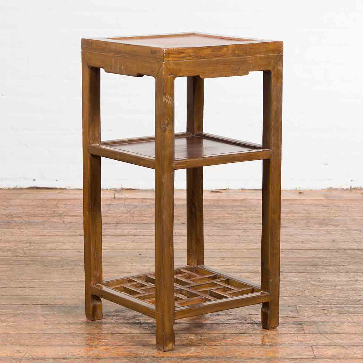 Vintage Honey Brown Side Table with Geometric Base Shelf-2. Asian & Chinese Furniture, Art, Antiques, Vintage Home Décor for sale at FEA Home