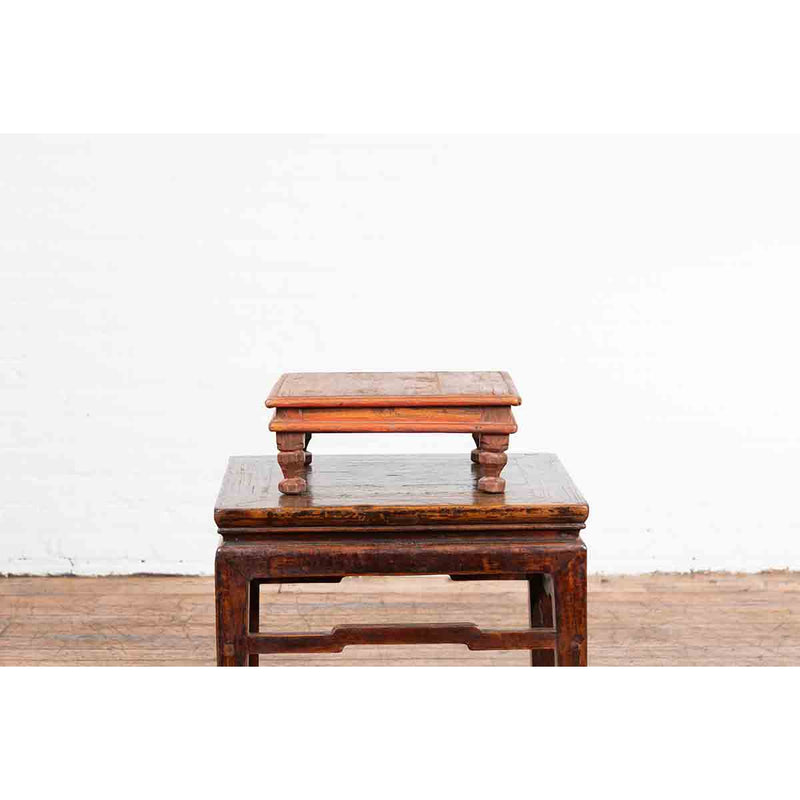 Vintage Indian Low Wooden Prayer Table Stand with Carved Angular Legs