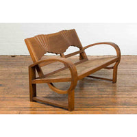 Teak Wood Country Outdoor Bench from Madura with Rattan Seat and Looping Arms