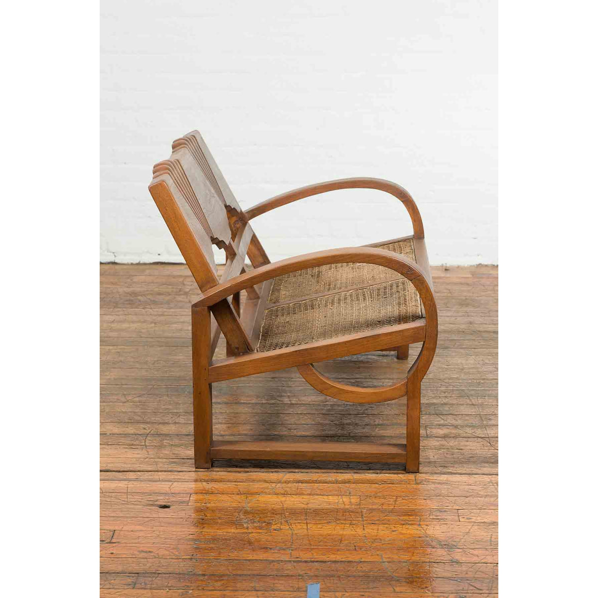 Teak Wood Country Outdoor Bench from Madura with Rattan Seat and Looping Arms-9. Asian &amp; Chinese Furniture, Art, Antiques, Vintage Home Décor for sale at FEA Home