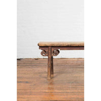 Rustic Chinese A-Frame Bench with Scrolling Spandrels and Distressed Patina