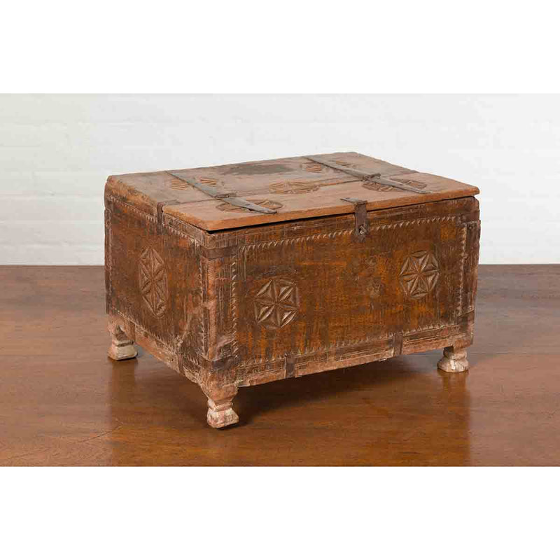 Indian 19th Century Small Wooden Box with Iron Hardware and Carved Rosacea