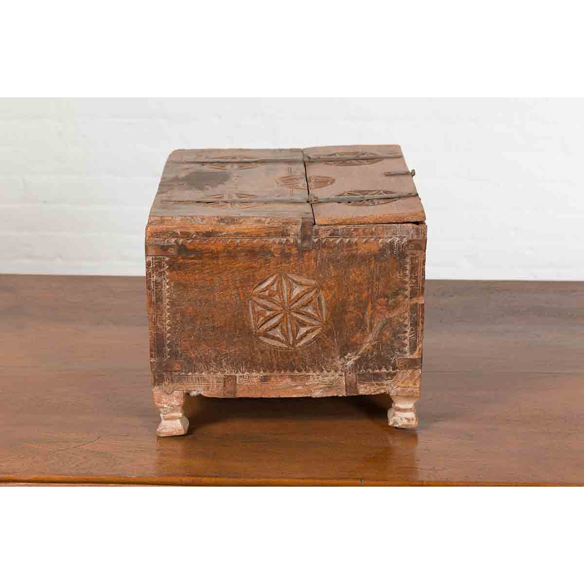 Indian 19th Century Small Wooden Box with Iron Hardware and Carved Rosacea-13. Asian &amp; Chinese Furniture, Art, Antiques, Vintage Home Décor for sale at FEA Home