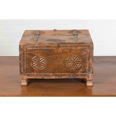 Indian 19th Century Small Wooden Box with Iron Hardware and Carved Rosacea