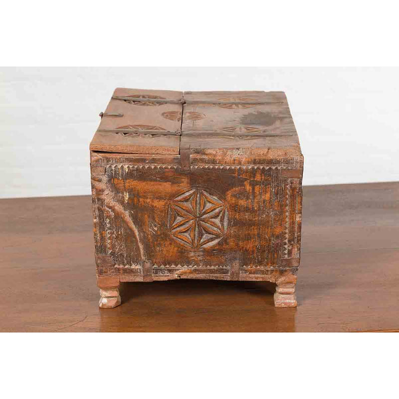 Indian 19th Century Small Wooden Box with Iron Hardware and Carved Rosacea