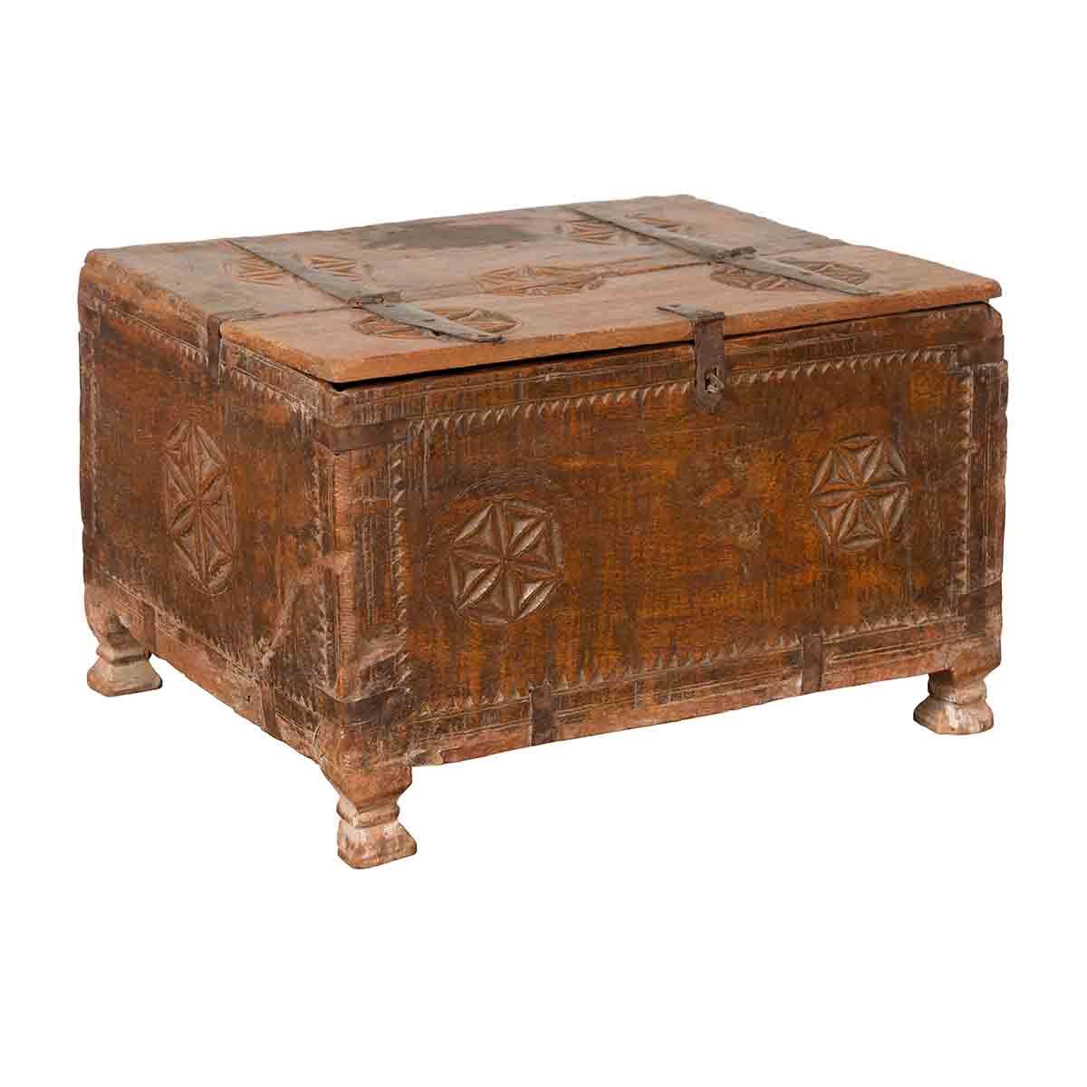 Indian 19th Century Small Wooden Box with Iron Hardware and Carved Rosacea-1. Asian & Chinese Furniture, Art, Antiques, Vintage Home Décor for sale at FEA Home
