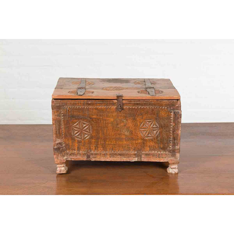 Indian 19th Century Small Wooden Box with Iron Hardware and Carved Rosacea