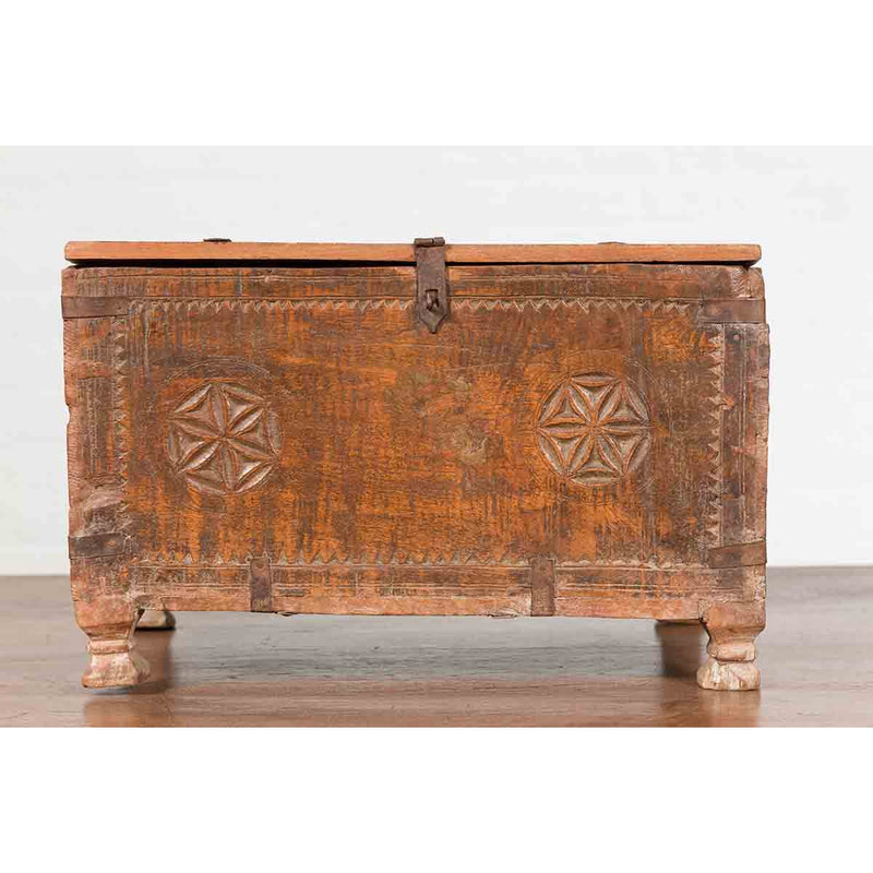 Indian 19th Century Small Wooden Box with Iron Hardware and Carved Rosacea