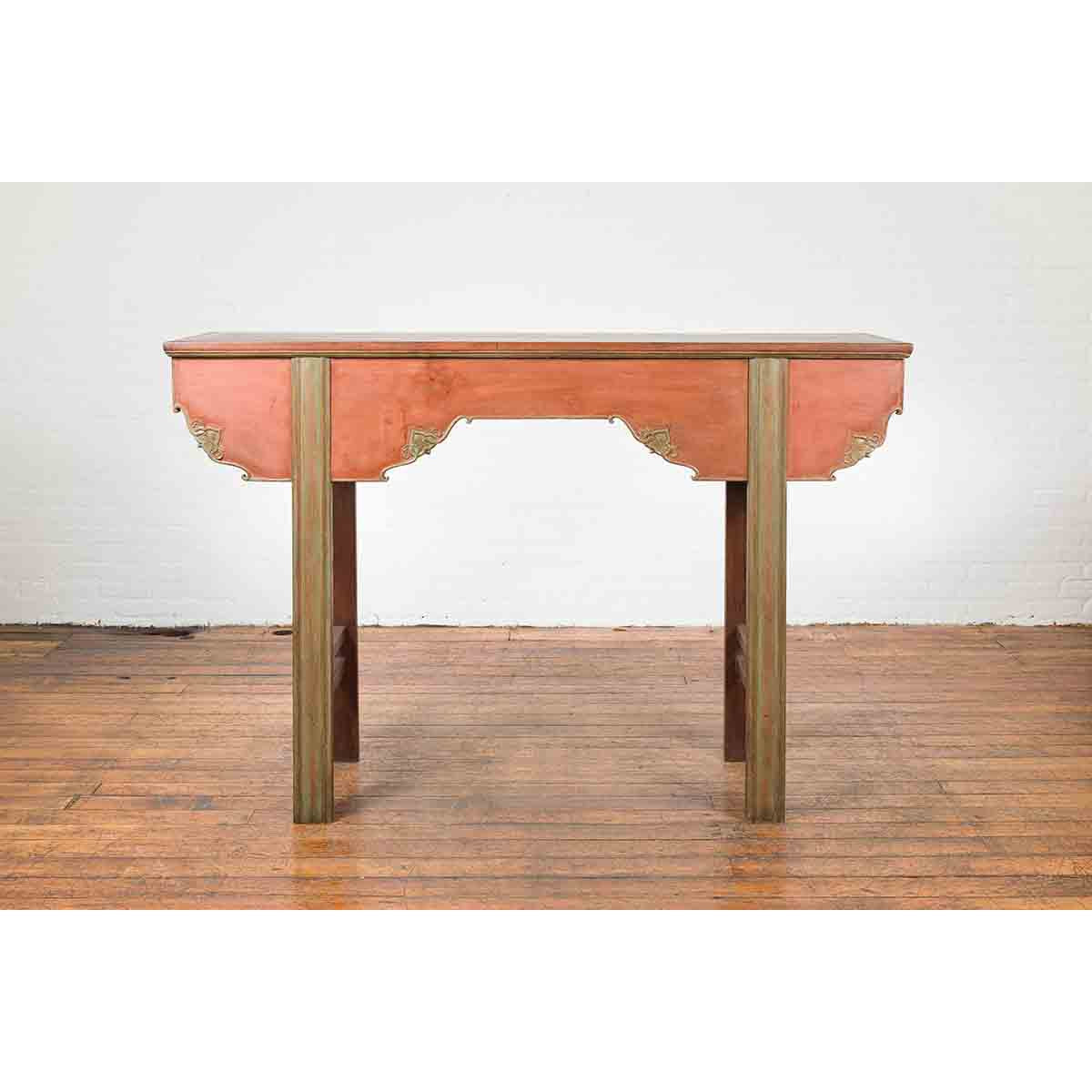 Chinese Qing Dynasty Period 19th Century Tall Red and Green Altar Console Table-4. Asian &amp; Chinese Furniture, Art, Antiques, Vintage Home Décor for sale at FEA Home