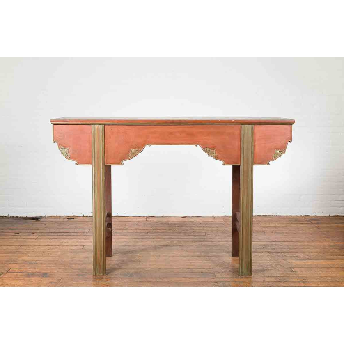 Chinese Qing Dynasty Period 19th Century Tall Red and Green Altar Console Table-8. Asian &amp; Chinese Furniture, Art, Antiques, Vintage Home Décor for sale at FEA Home