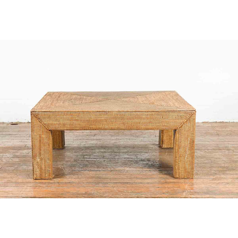 Burmese Vintage Rattan Parsons Leg Coffee Table Hand-Stitched over Wood
