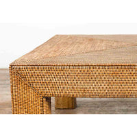 Burmese Vintage Rattan Parsons Leg Coffee Table Hand-Stitched over Wood