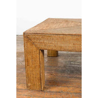 Burmese Vintage Rattan Parsons Leg Coffee Table Hand-Stitched over Wood