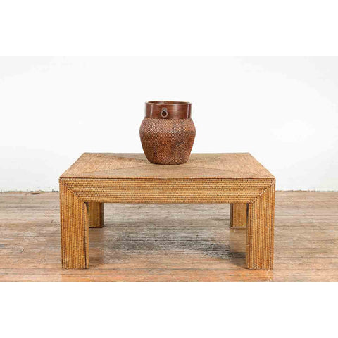 Burmese Vintage Rattan Parsons Leg Coffee Table Hand-Stitched over Wood-4. Asian & Chinese Furniture, Art, Antiques, Vintage Home Décor for sale at FEA Home