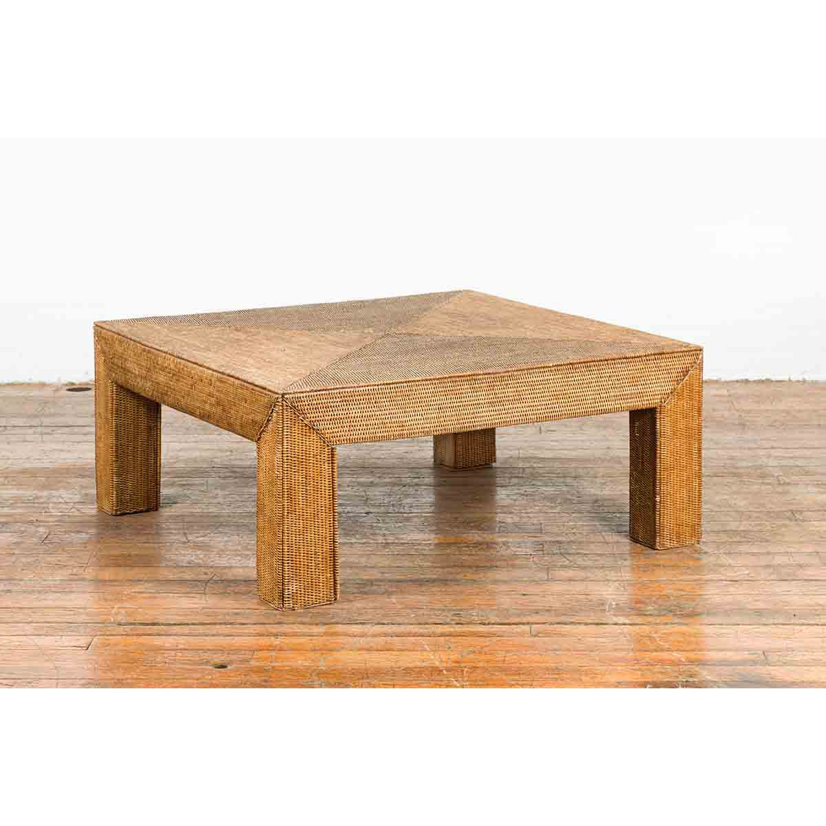 Burmese Vintage Rattan Parsons Leg Coffee Table Hand-Stitched over Wood-2. Asian & Chinese Furniture, Art, Antiques, Vintage Home Décor for sale at FEA Home