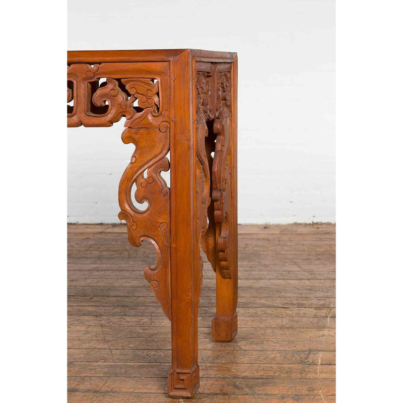 Vintage Indonesian Altar Console Table with Carved Apron and Square Feet