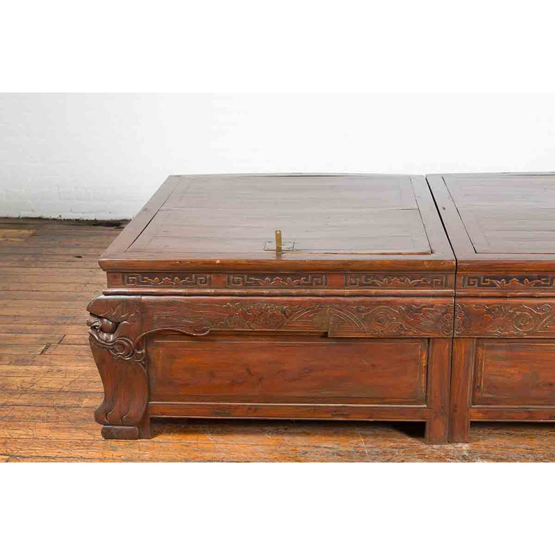 Pair of Chinese Antique Chests with Carved Legs Made into a Long Coffee Table-YN7252-13. Asian & Chinese Furniture, Art, Antiques, Vintage Home Décor for sale at FEA Home