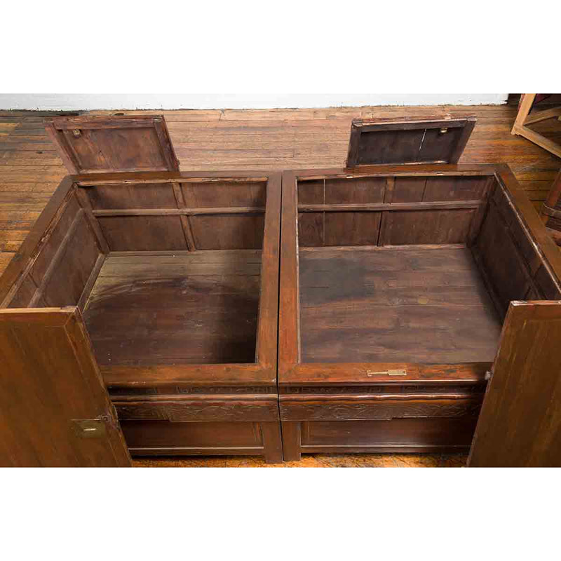 Pair of Chinese Antique Chests with Carved Legs Made into a Long Coffee Table-YN7252-18. Asian & Chinese Furniture, Art, Antiques, Vintage Home Décor for sale at FEA Home
