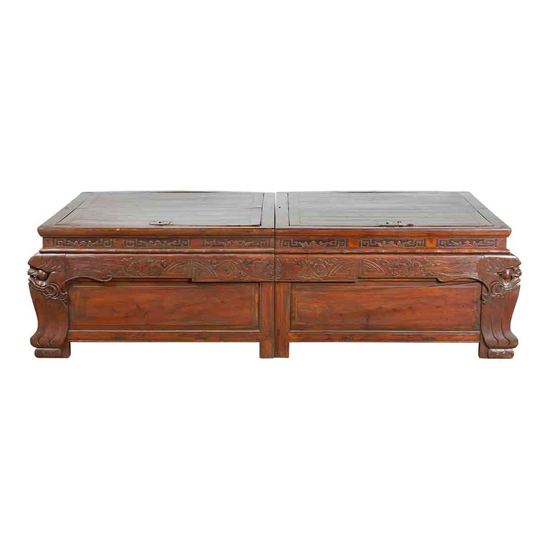 Pair of Chinese Antique Chests with Carved Legs Made into a Long Coffee Table-YN7252-1. Asian & Chinese Furniture, Art, Antiques, Vintage Home Décor for sale at FEA Home