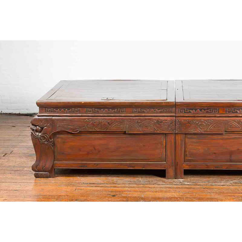 Pair of Chinese Antique Chests with Carved Legs Made into a Long Coffee Table-YN7252-5. Asian & Chinese Furniture, Art, Antiques, Vintage Home Décor for sale at FEA Home