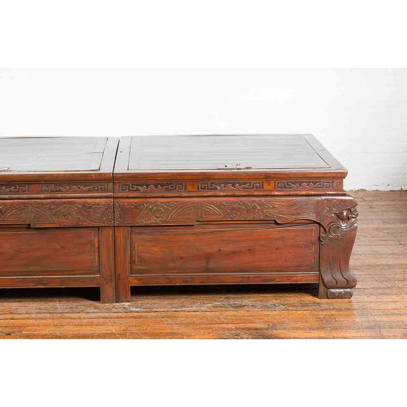 Pair of Chinese Antique Chests with Carved Legs Made into a Long Coffee Table-YN7252-6. Asian & Chinese Furniture, Art, Antiques, Vintage Home Décor for sale at FEA Home