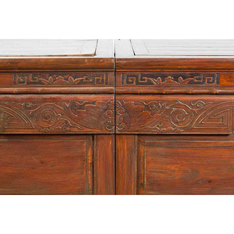 Pair of Chinese Antique Chests with Carved Legs Made into a Long Coffee Table-YN7252-9. Asian & Chinese Furniture, Art, Antiques, Vintage Home Décor for sale at FEA Home