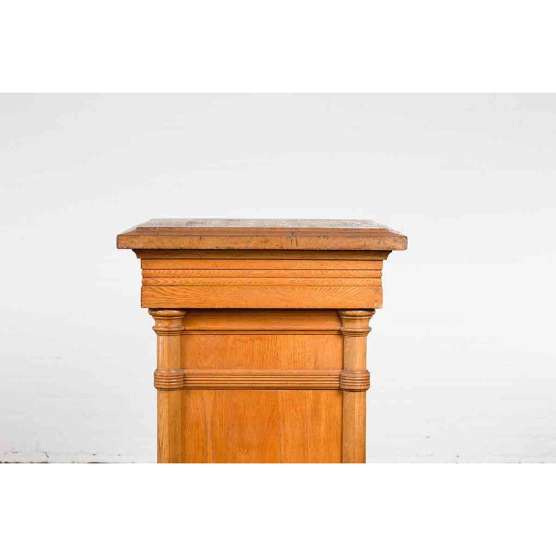 Vintage Indonesian Wooden Pedestal with Doric Semi-Columns and Natural Patina
