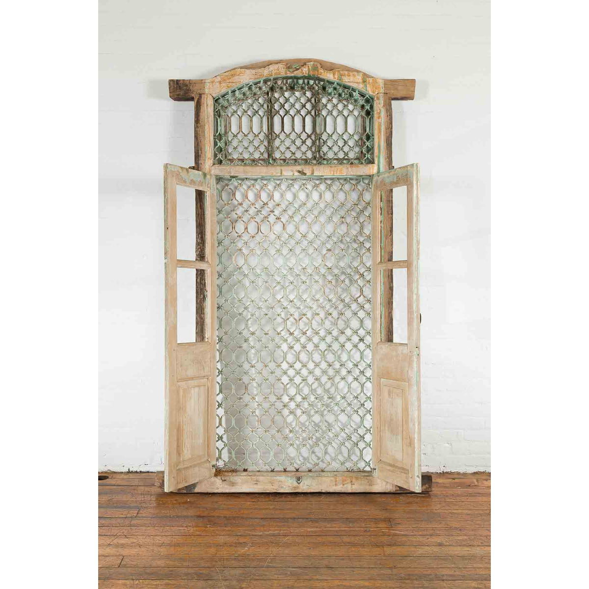 19th Century Antique Indian Grate Window with Green Paint and Distressed Patina-4. Asian &amp; Chinese Furniture, Art, Antiques, Vintage Home Décor for sale at FEA Home