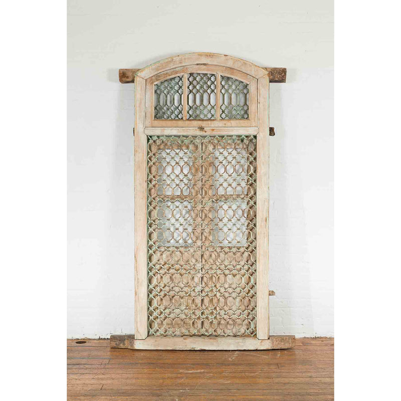 19th Century Antique Indian Grate Window with Green Paint and Distressed Patina