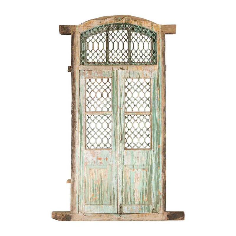 19th Century Antique Indian Grate Window with Green Paint and Distressed Patina-YN7266-1. Asian & Chinese Furniture, Art, Antiques, Vintage Home Décor for sale at FEA Home