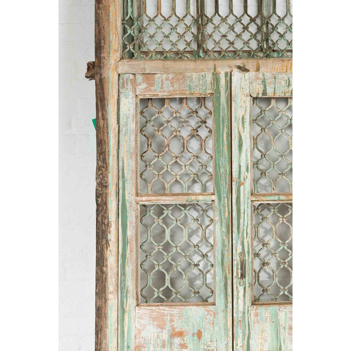 19th Century Antique Indian Grate Window with Green Paint and Distressed Patina-8. Asian &amp; Chinese Furniture, Art, Antiques, Vintage Home Décor for sale at FEA Home