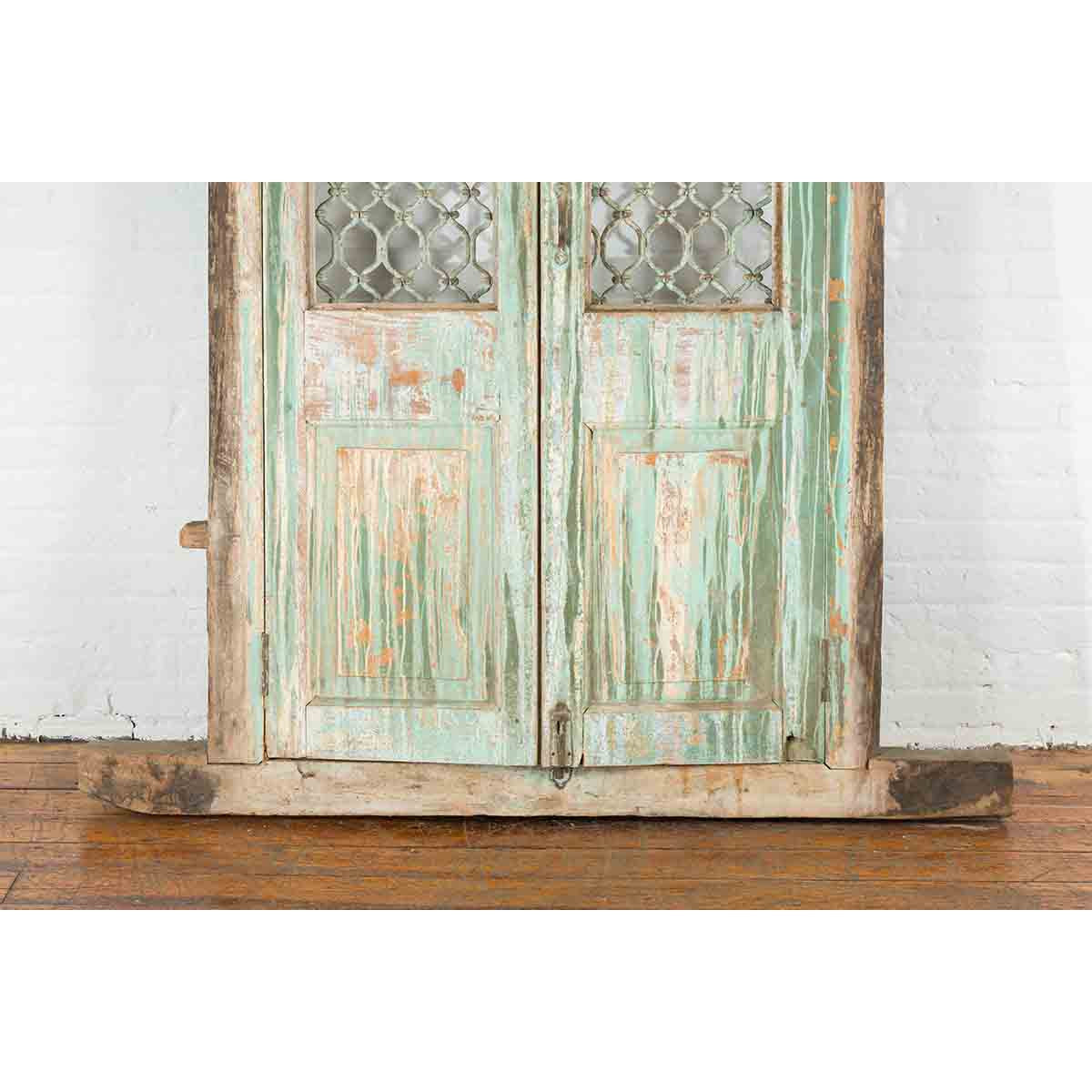 19th Century Antique Indian Grate Window with Green Paint and Distressed Patina-10. Asian &amp; Chinese Furniture, Art, Antiques, Vintage Home Décor for sale at FEA Home