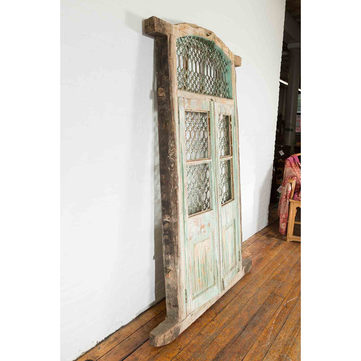 19th Century Antique Indian Grate Window with Green Paint and Distressed Patina-5. Asian &amp; Chinese Furniture, Art, Antiques, Vintage Home Décor for sale at FEA Home