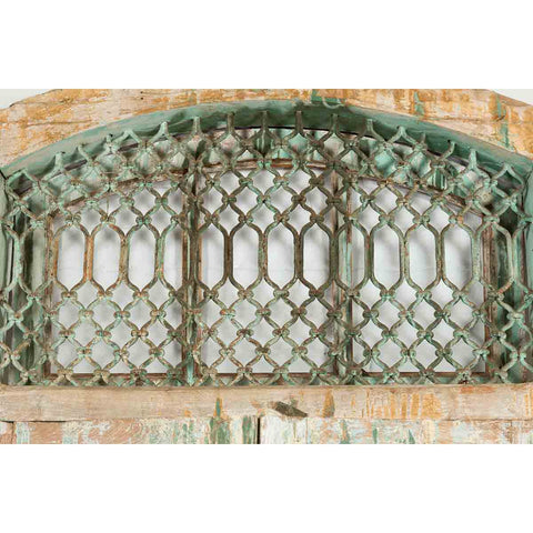 19th Century Antique Indian Grate Window with Green Paint and Distressed Patina